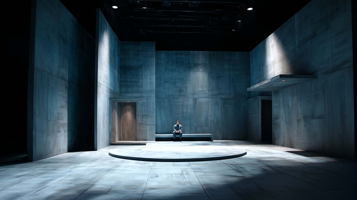 Enslig mann i stort nakent rom.