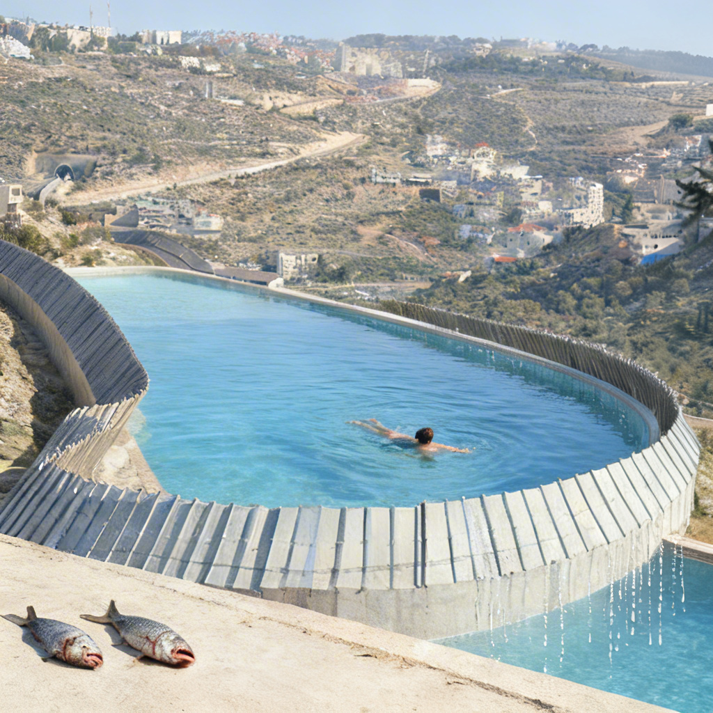 Landskap. Mann i stort basseng.