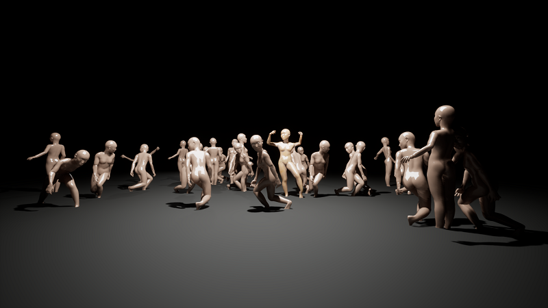 Nakne dukker som vandrer rundt.